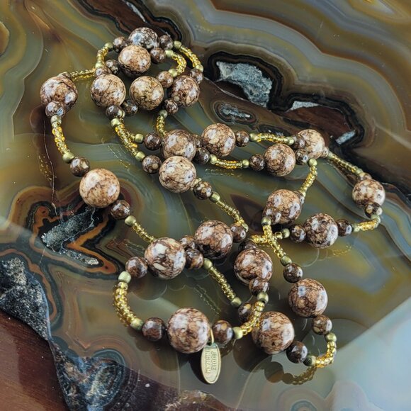 Vintage Judie Ingram Brown Granite & Amber Glass Beaded Necklace 34" - Picture 6 of 6